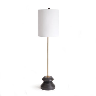 Tall table lamp with washed black wood base and gold iron lamp rod