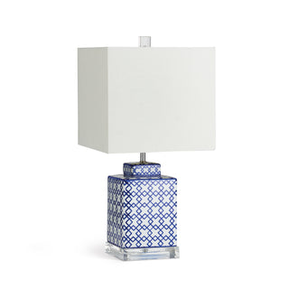 Table lamp with round blue and white chinoserie base and white shade