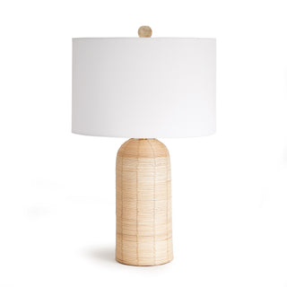 Table lamp with whitewash cane rattan elongated base and white shade