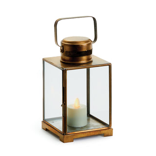 Small PIERRE LANTERN, 9.5" in height. Warm brass in color. Simple long cube structure