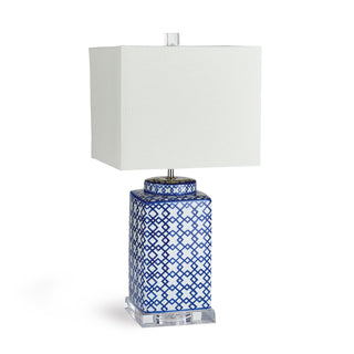 Table lamp with round blue and white chinoserie cube base and white shade