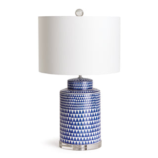 Accent table lamp with blue and white geometric pattern ceramic body and fabric shape