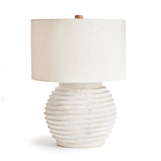 Table lamp with off-white handmade horizontal ribbing base and linen shade