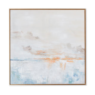 Abstract canvas art of summer storm with light and muted blue, white and subtle orange tones 