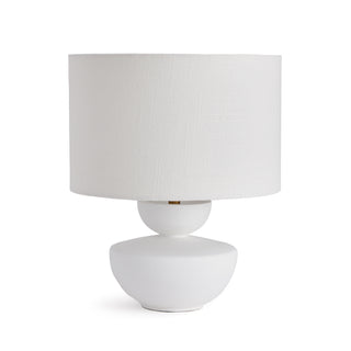 White table lamp with carved wood base