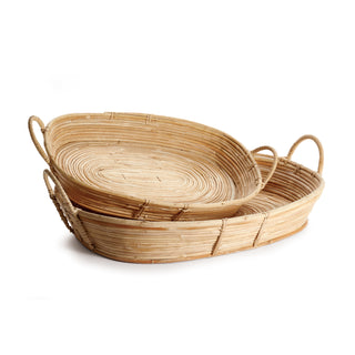 Set of 2 CANE RATTAN TRAYS WITH HANDLES, natural color stacked on top of each other