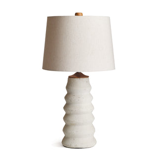 Lamp with white textured base and off-white linen shade
