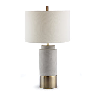 Lamp with long concreate base, white shade. and antique bronze finish